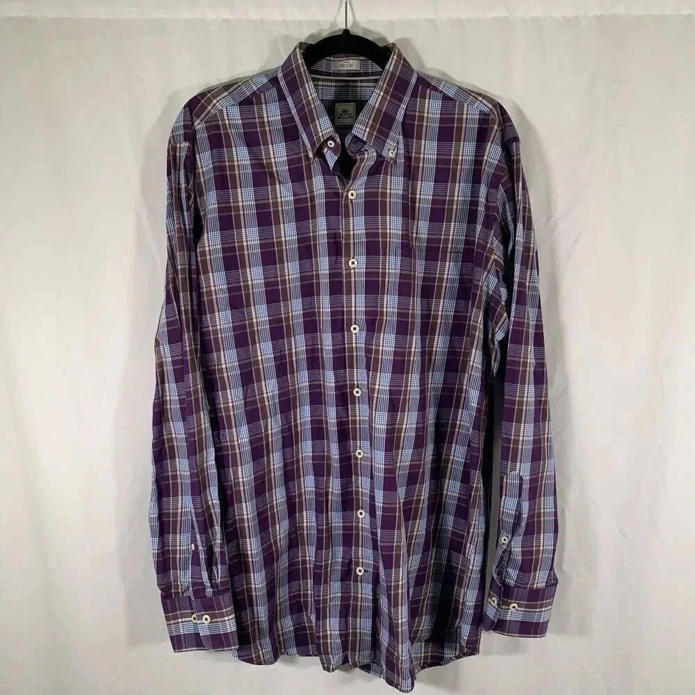 Peter Millar Dress Shirt Men's Large Purple Plaid Button Up Long Sleeve